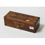 An early 20th century continental rosewood and satinwood inlaid glove box having a hinge lid and