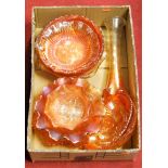 A box of Marigold carnival glassware to include vases, bowls etc