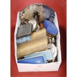 A box of miscellaneous silver plated wares, to include tea set on tray, cased flatware etc