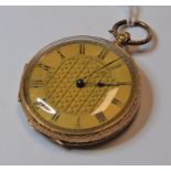 A late 19th century continental 14ct gold cased open faced pocket watch, having engraved centre with