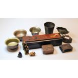 A box of miscellaneous items, to include a Japanese lacquered glove box, carved softwood netsuke,