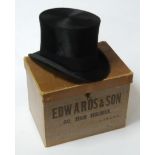 An Edwardian brushed velvet top hat, bearing a label for Edwards & Son, 60 High Holborn, London,