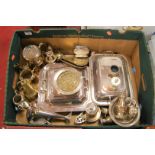 A box of miscellaneous silver plate, to include two entree dishes and covers, spill vase, cruets