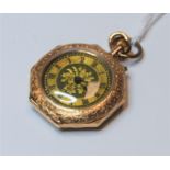 A circa 1900 ladies 9ct gold cased fob watch, having gilt chapter ring with Roman numerals and