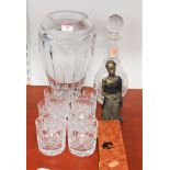 A large modern cut glass vase together with a set of six cut glass whisky tumblers, decanter and