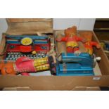 One box containing a quantity of mixed tinplate and plastic toys to include a Mettoy Junior