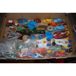 A tray containing a quantity of playworn and loose Dinky Toys, Spot-On, Corgi, Lego and other