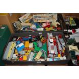 Two trays containing a quantity of loose and playworn diecast models, to include Dinky Toys,