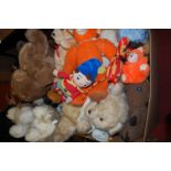 Two boxes containing a quantity of soft filled, plush and mohair teddy-bears and dolls, to include