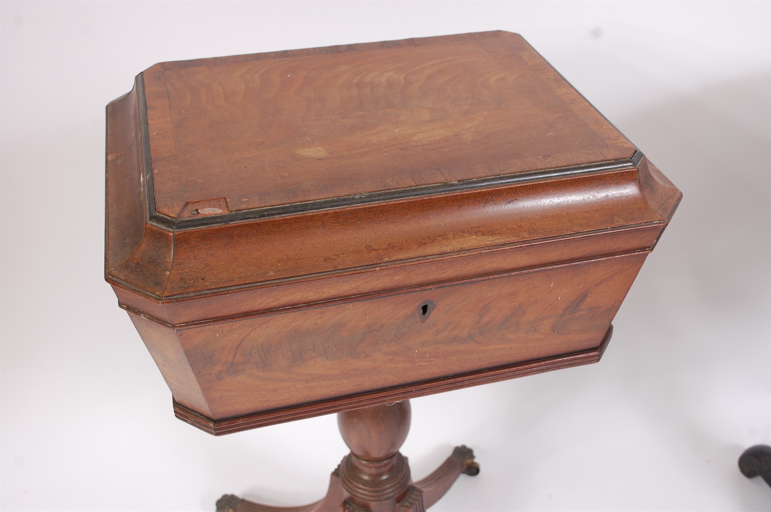 A Regency mahogany pedestal teapoy, the rosewood crossbanded top opening to reveal velvet lined - Image 2 of 3