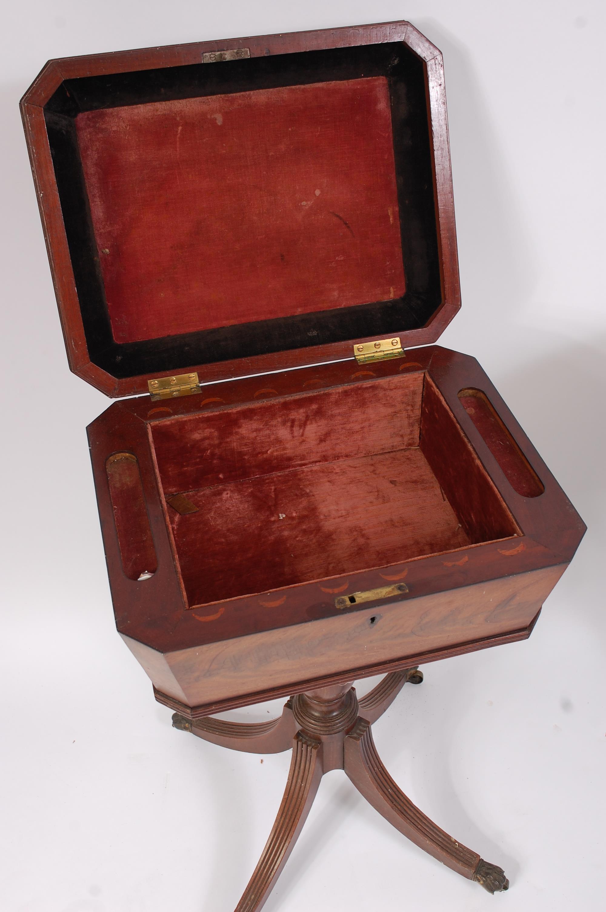 A Regency mahogany pedestal teapoy, the rosewood crossbanded top opening to reveal velvet lined - Image 3 of 3