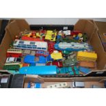 One tray containing a quantity of playworn and loose diecast toys, to include Dinky, Corgi,