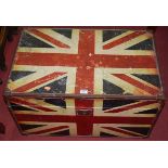 A contemporary Union Jack clad and stitched leather hinge topped blanket box, having end carry
