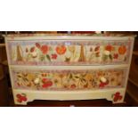 A painted and floral print decorated low bowfront chest, of two long drawers, w.96.5cm