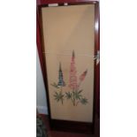 An early 20th century mahogany framed and embroidered three division dressing screen, each panel w.