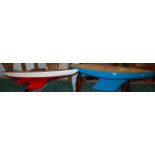 A scratch-built blue painted pond yacht, length 92cm; together with a red and white painted example,