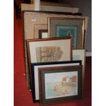 Assorted amateur watercolours, framed silkwork etc