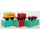 Three No. 50 Hornby wagons: Saxa Salt (NM-BNM) green box; Flat wagon with BR furniture container (