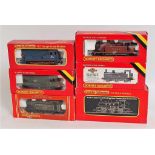 Six Hornby 0-6-0 locomotives R041 GWR pannier tank (G-BG), 2x R058 LMS red, BR black Jinty tank