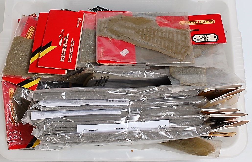 Box containing quantity of Hornby later series track and points (G), foam underlay (G-BG), and