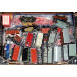 Tray containing approx 45 Hornby-Dublo mainly tinplate goods wagons, nearly all metal wheels, with a