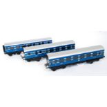 Rake of 3 repainted Bassett Lowke/Winteringham coaches for blue/silver Coronation livery,