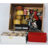 Small shoebox containing various Hornby Accessories; 4 station hoardings cream; 4x cable drums; 2x