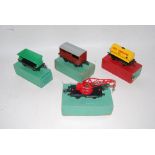 Four Hornby No. 50 wagons - Cattle, Shell Lubricating oil tank, crane truck, McAlpine side tipper,