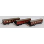 Three 1937-41 Hornby No.2 Corridor coaches, maroon LMS: two 1 st /3 rd and one br/comp, all