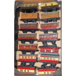 14 Hornby 4-wheel coaches, 4x No. 51 maroon and cream; 6x LMS, 2x LNER, 2x GWR, some (VG), most (F-