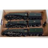 Three Hornby locos and tenders, not boxed: 4-6-2 A4 Golden Plover (E), 4-6-2 A4 Mallard, bogie needs