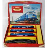A Triang Hornby RS52 Blue Pullman train set, stock appears complete but super 4 track is rusty and