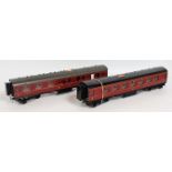 Two Westdale kit LMS bogie coaches, maroon, all/3rd 5480 and Br/3rd 8702, bogie requires re-fixing