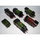 Five Hornby clockwork 0-4-0 locos - M3 tank GWR green tin printed 6600, no cylinder and no rods,