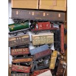 Three large trays containing mainly wooden wagons, some tinplate, many with wheels or other parts