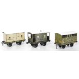 Three Bassett Lowke/Winteringham wagons, NE refrigerator, LMS cattle and NE grey goods brake, all (