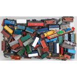 Tray containing 15 blue/grey coaches and approx 60 wagons, mainly Triang and Hornby (G)