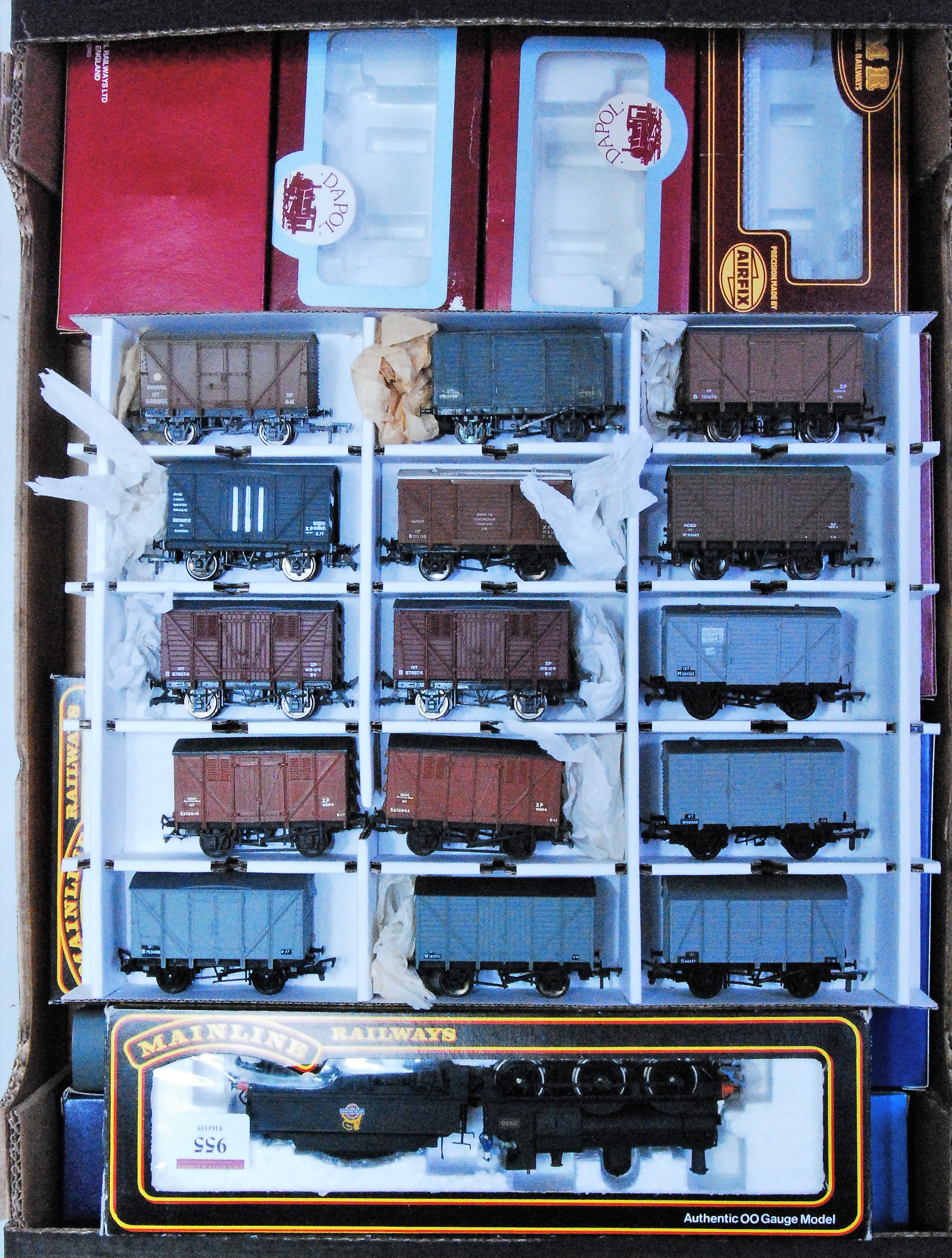 Tray containing goods train of 18 box wagons/vans and a loco, mainline dean goods 0-6-0 tender