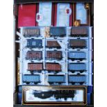 Tray containing goods train of 18 box wagons/vans and a loco, mainline dean goods 0-6-0 tender