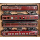 Four LMS maroon bogie coaches similar in style to those made by Exley, open 1st (VG), Br/3rd (F),