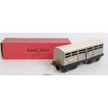 1939 Hornby No. 2 cattle truck LMS black base, white LMS on grey body, black bogies, white roof,