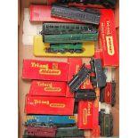 Tray containing mixed collection of locomotives, tenders, rolling stock including Triang R251 engine