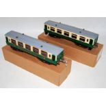 Two totally repainted Hornby No.2 Pullman coaches, nut & bolt construction, fixed doors, nickel