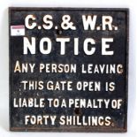 A Great Southern and Western Railway of Ireland cast iron gate notice sign, white on black