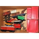 Large tray Hornby wagons: first six are boxed (BFG), postwar Cement (G), McAlpine side tipper (G),