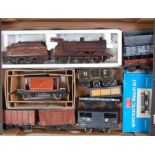 Large tray containing Corgi for Bassett Lowke LNER 20 ton goods brake van, battery operated rear