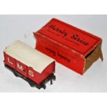 1924-5 Hornby LMS gunpowder van, nut and bolt construction, black open axleguard base, red body,