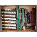 Two trays containing a quantity of Hornby Dublo items including 2-6-4 tank engine in repair box (G-