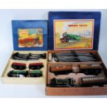 Two Hornby train sets - MO goods sets, green loco with 2595 tender ,2x red open wagons, track and