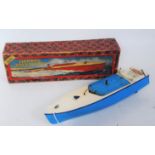 Hornby racing boat No. 2 'Racer II' blue with white deck with key and instructions, a few marks